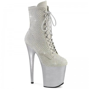 Pleaser Flamingo-1020RM Faux Suede Rhinestone Mesh Donna Scarpe Pole Dance Argento | ITALIA ITPMJRSZ
